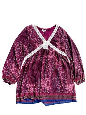 Entro Crochet Paisley Babydoll Dress Burgundy Large NWT